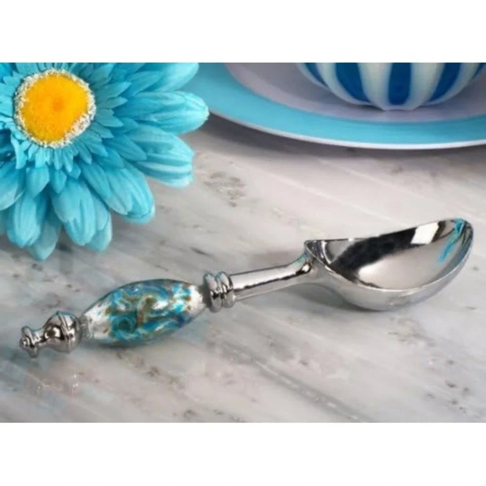 Stunning Murano Style Art Glass Ice Cream Scoop Silver Teal NEW With Box